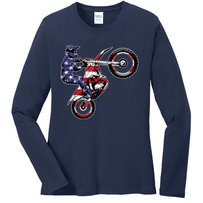 Funny Dirt Bike Art Motorcycle Dirtbike US Flag Ladies Long Sleeve Shirt