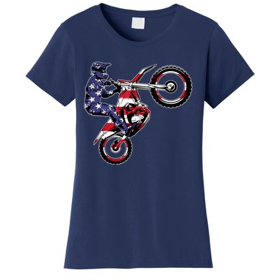 Funny Dirt Bike Art Motorcycle Dirtbike US Flag Women's T-Shirt