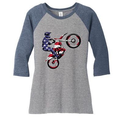 Funny Dirt Bike Art Motorcycle Dirtbike US Flag Women's Tri-Blend 3/4-Sleeve Raglan Shirt