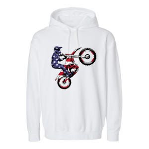 Funny Dirt Bike Art Motorcycle Dirtbike US Flag Garment-Dyed Fleece Hoodie