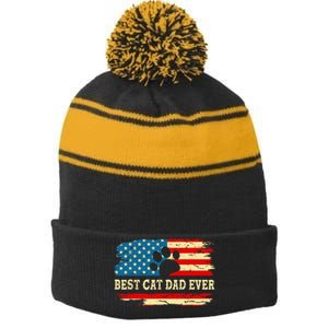 Fathers Day Best Cat Dad Ever Retro US American Flag Cat Dad Stripe Pom Pom Beanie