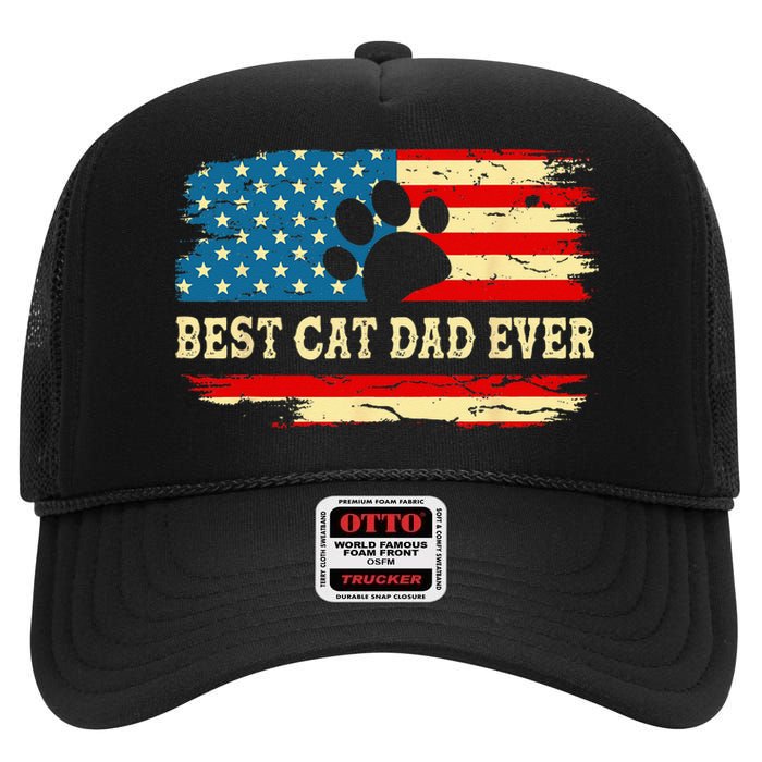 Fathers Day Best Cat Dad Ever Retro US American Flag Cat Dad High Crown Mesh Back Trucker Hat