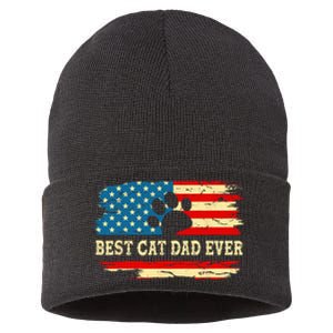 Fathers Day Best Cat Dad Ever Retro US American Flag Cat Dad Sustainable Knit Beanie