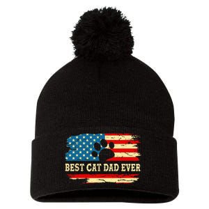 Fathers Day Best Cat Dad Ever Retro US American Flag Cat Dad Pom Pom 12in Knit Beanie