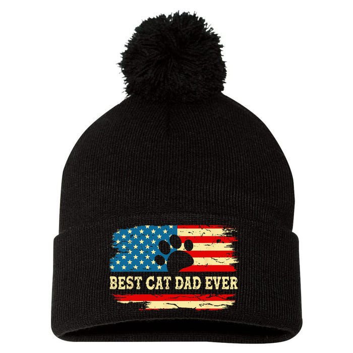 Fathers Day Best Cat Dad Ever Retro US American Flag Cat Dad Pom Pom 12in Knit Beanie