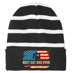 Fathers Day Best Cat Dad Ever Retro US American Flag Cat Dad Striped Beanie with Solid Band