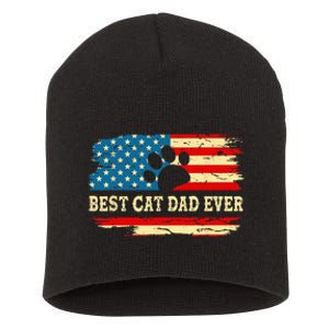 Fathers Day Best Cat Dad Ever Retro US American Flag Cat Dad Short Acrylic Beanie