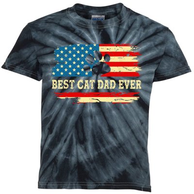 Fathers Day Best Cat Dad Ever Retro US American Flag Cat Dad Kids Tie-Dye T-Shirt