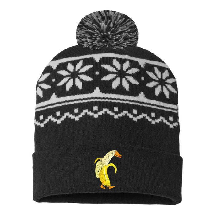 Funny Duck Banana Farm Animal Pun Distressed Design USA-Made Snowflake Beanie