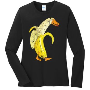 Funny Duck Banana Farm Animal Pun Distressed Design Ladies Long Sleeve Shirt