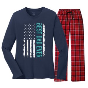 Fathers Day Best Dad Ever With US American Flag Women's Long Sleeve Flannel Pajama Set 