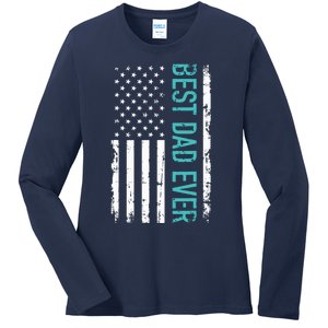 Fathers Day Best Dad Ever With US American Flag Ladies Long Sleeve Shirt