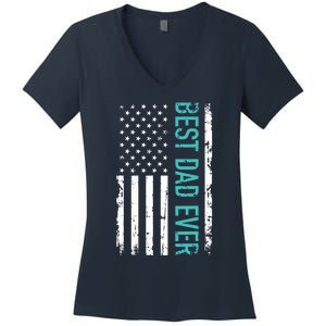 Fathers Day Best Dad Ever With US American Flag Women's V-Neck T-Shirt