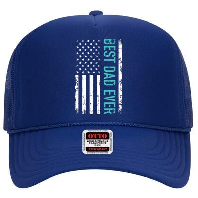 Fathers Day Best Dad Ever With US American Flag High Crown Mesh Back Trucker Hat