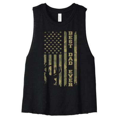 FatherS Day Best Dad Ever Vintage Camo Usa Flag Deer Hunter Women's Racerback Cropped Tank