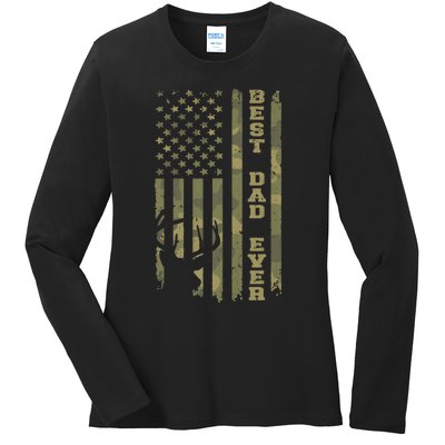 FatherS Day Best Dad Ever Vintage Camo Usa Flag Deer Hunter Ladies Long Sleeve Shirt