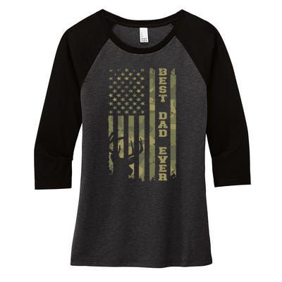 FatherS Day Best Dad Ever Vintage Camo Usa Flag Deer Hunter Women's Tri-Blend 3/4-Sleeve Raglan Shirt