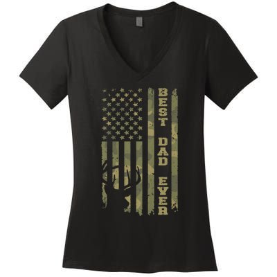 FatherS Day Best Dad Ever Vintage Camo Usa Flag Deer Hunter Women's V-Neck T-Shirt