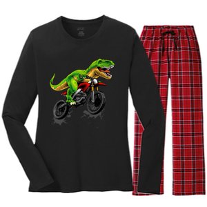 Funny Dirt Bike For Boy Dinosaur Motorcycle Riding Women's Long Sleeve Flannel Pajama Set 