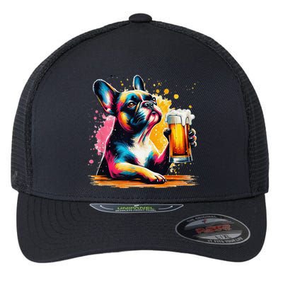 French Dog Beer Drinker Funny French Bulldog Flexfit Unipanel Trucker Cap