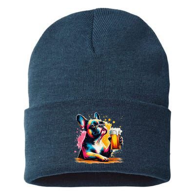 French Dog Beer Drinker Funny French Bulldog Sustainable Knit Beanie