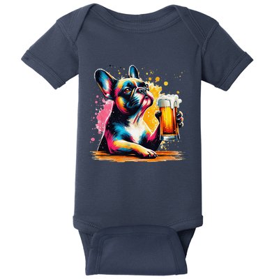 French Dog Beer Drinker Funny French Bulldog Baby Bodysuit