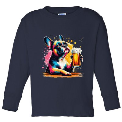 French Dog Beer Drinker Funny French Bulldog Toddler Long Sleeve Shirt