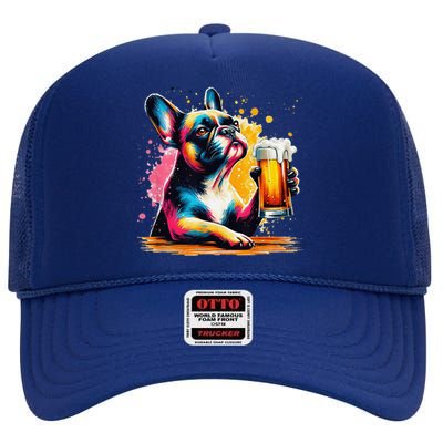 French Dog Beer Drinker Funny French Bulldog High Crown Mesh Back Trucker Hat