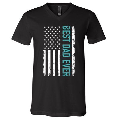 Fathers Day Best Dad Ever With US American Flag V-Neck T-Shirt