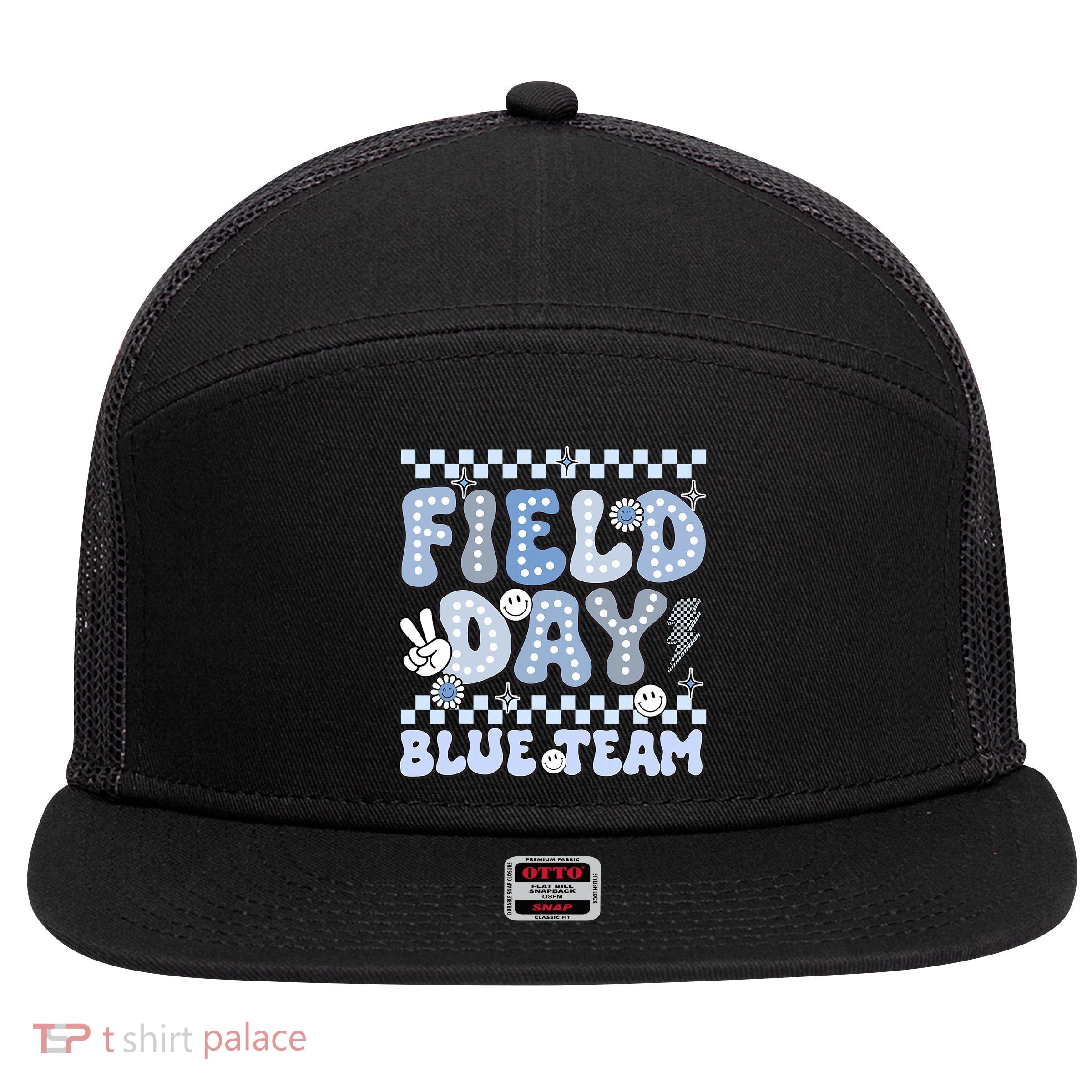 Field Day Blue Team Groovy Smile Face Checkered Students 7 Panel Mesh Trucker Snapback Hat