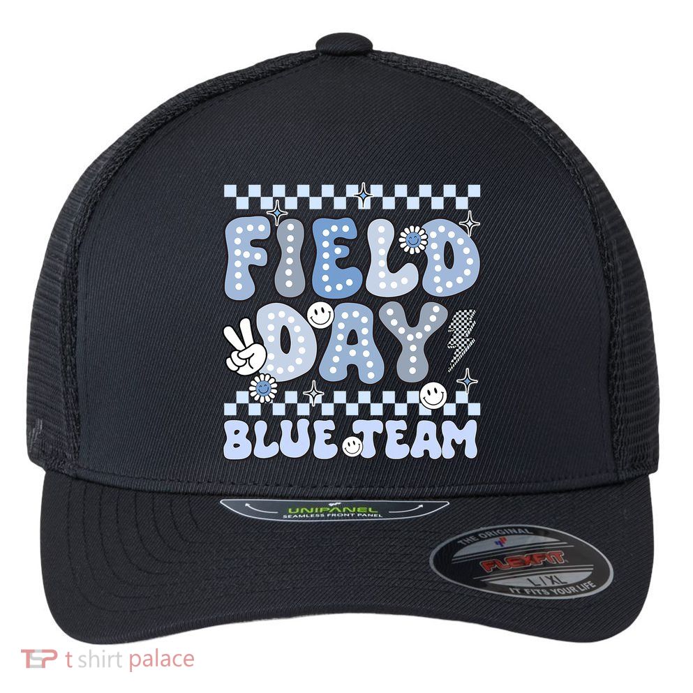 Field Day Blue Team Groovy Smile Face Checkered Students Flexfit Unipanel Trucker Cap