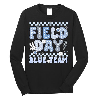 Field Day Blue Team Groovy Smile Face Checkered Students Long Sleeve Shirt