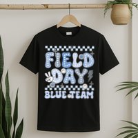 Field Day Blue Team Groovy Smile Face Checkered Students T-Shirt