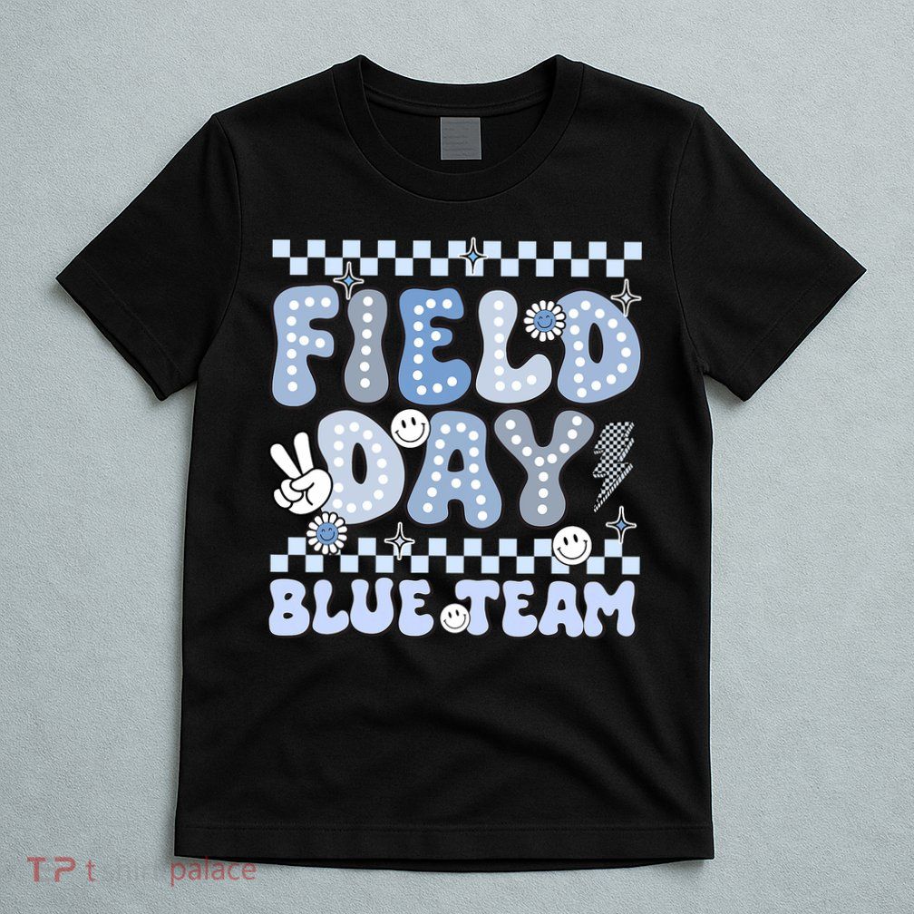 Field Day Blue Team Groovy Smile Face Checkered Students T-Shirt