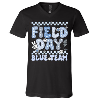 Field Day Blue Team Groovy Smile Face Checkered Students V-Neck T-Shirt