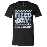 Field Day Blue Team Groovy Smile Face Checkered Students V-Neck T-Shirt