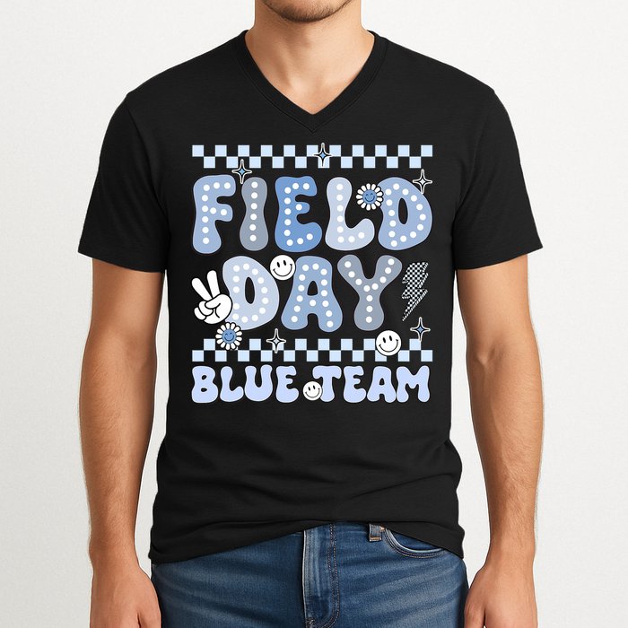 Field Day Blue Team Groovy Smile Face Checkered Students V-Neck T-Shirt