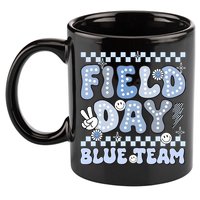 Field Day Blue Team Groovy Smile Face Checkered Students 11oz C Handle Ceramic Mug