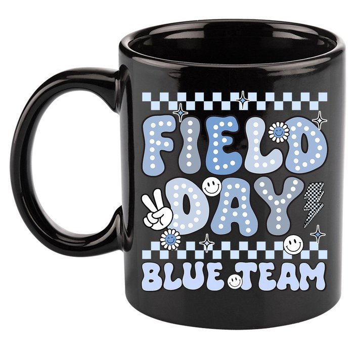Field Day Blue Team Groovy Smile Face Checkered Students 11oz C Handle Ceramic Mug