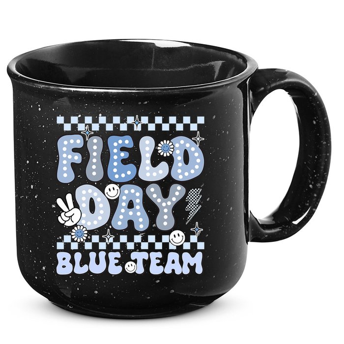 Field Day Blue Team Groovy Smile Face Checkered Students 15oz Campfire Ceramic Mug
