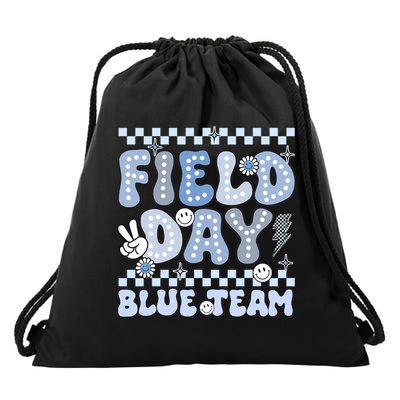 Field Day Blue Team Groovy Smile Face Checkered Students Drawstring Bag