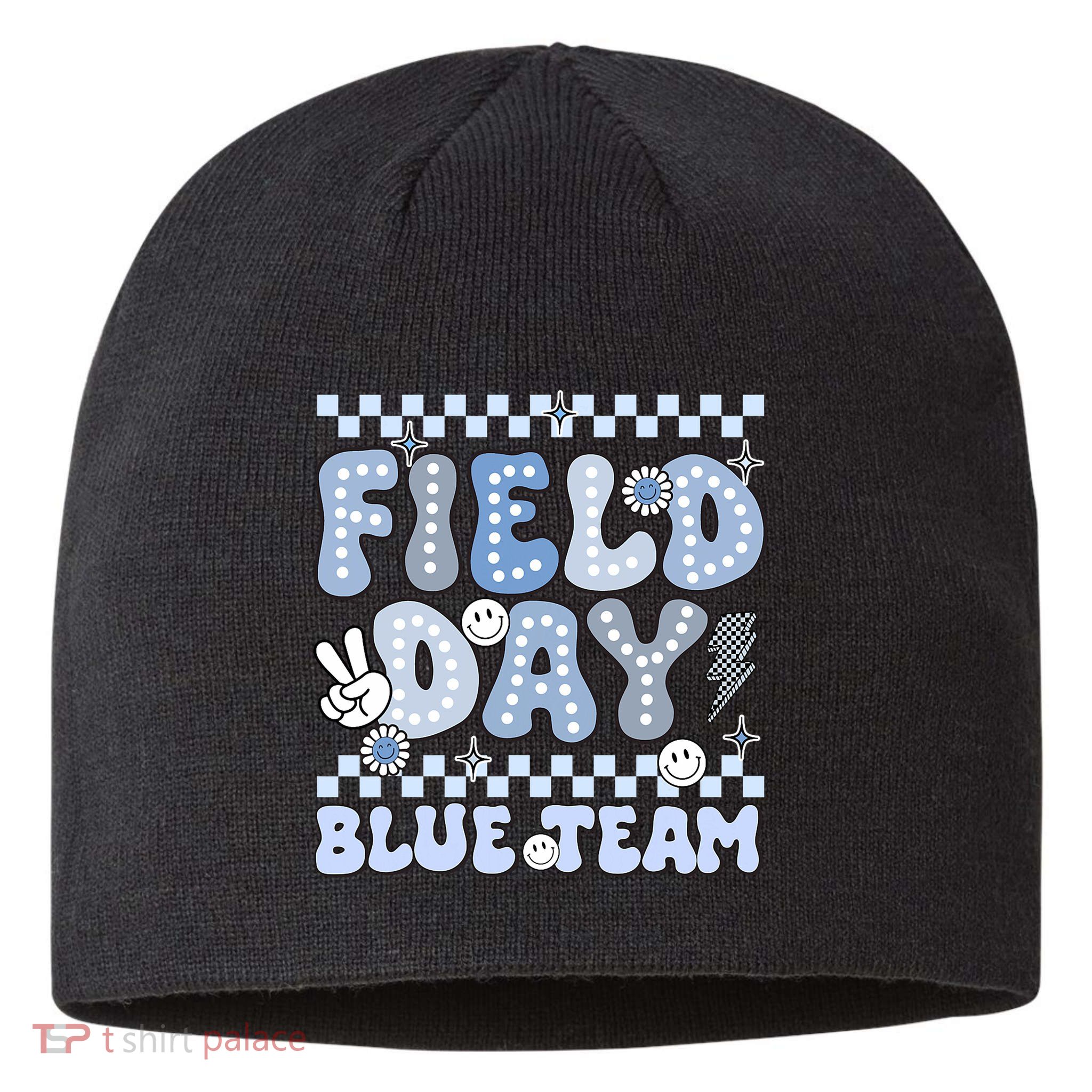 Field Day Blue Team Groovy Smile Face Checkered Students Sustainable Beanie