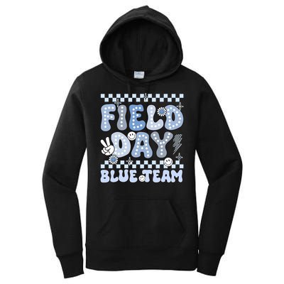 Field Day Blue Team Groovy Smile Face Checkered Students Women's Pullover Hoodie