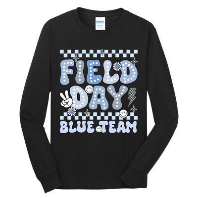 Field Day Blue Team Groovy Smile Face Checkered Students Tall Long Sleeve T-Shirt