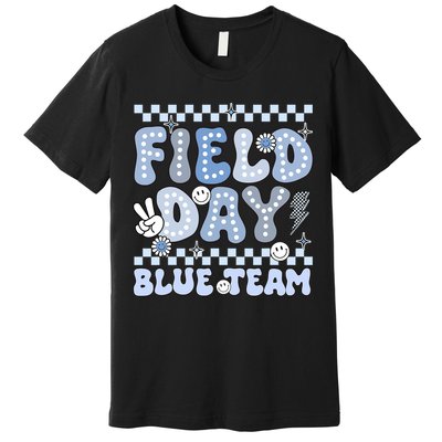 Field Day Blue Team Groovy Smile Face Checkered Students Premium T-Shirt
