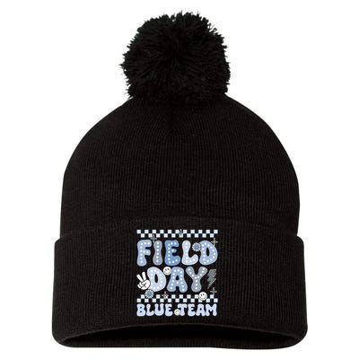 Field Day Blue Team Groovy Smile Face Checkered Students Pom Pom 12in Knit Beanie
