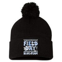 Field Day Blue Team Groovy Smile Face Checkered Students Pom Pom 12in Knit Beanie