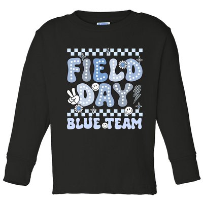 Field Day Blue Team Groovy Smile Face Checkered Students Toddler Long Sleeve Shirt
