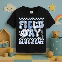 Field Day Blue Team Groovy Smile Face Checkered Students Toddler T-Shirt
