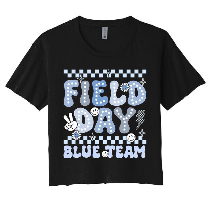 Field Day Blue Team Groovy Smile Face Checkered Students Crop Top